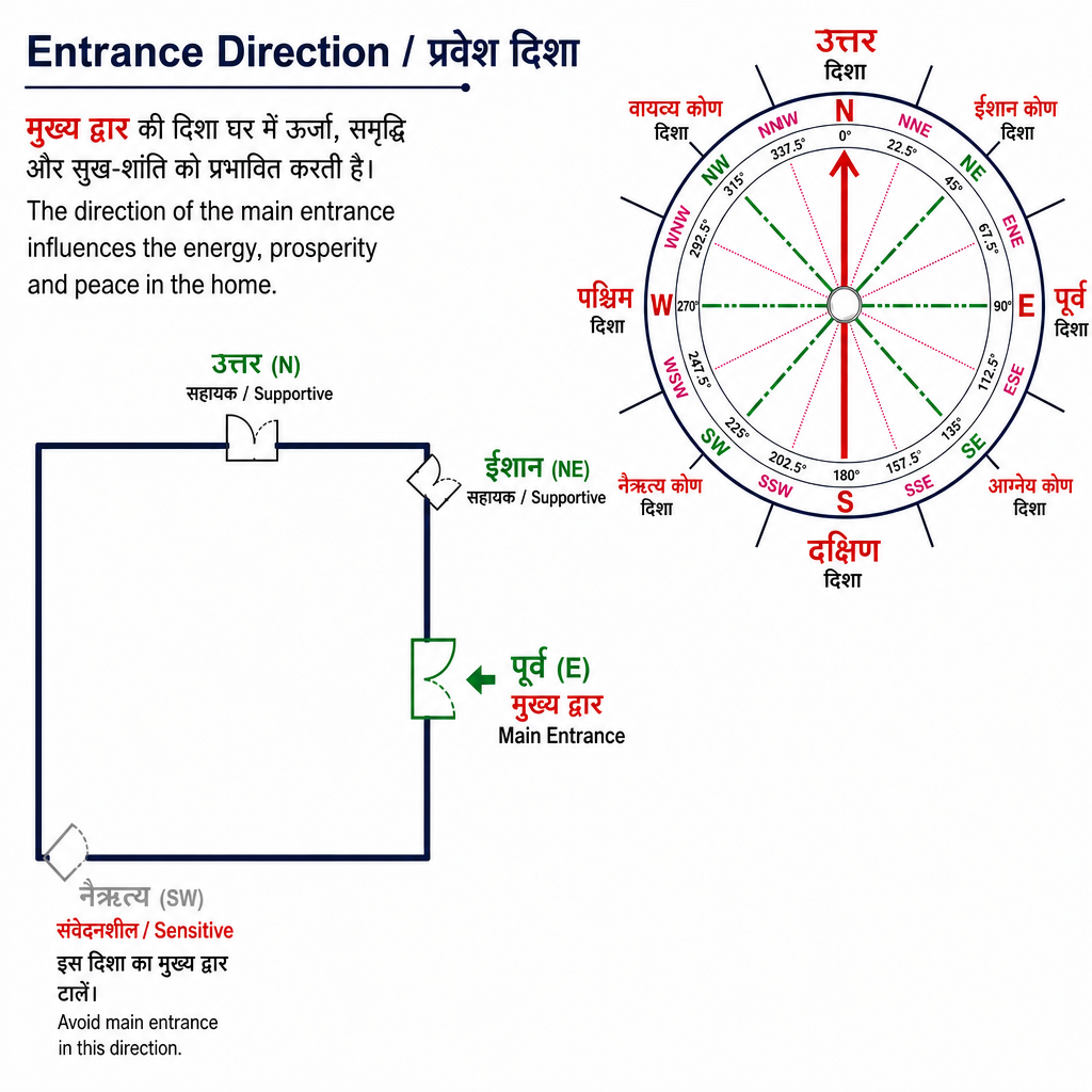 Main-entrance Vastu map with door placement and compass